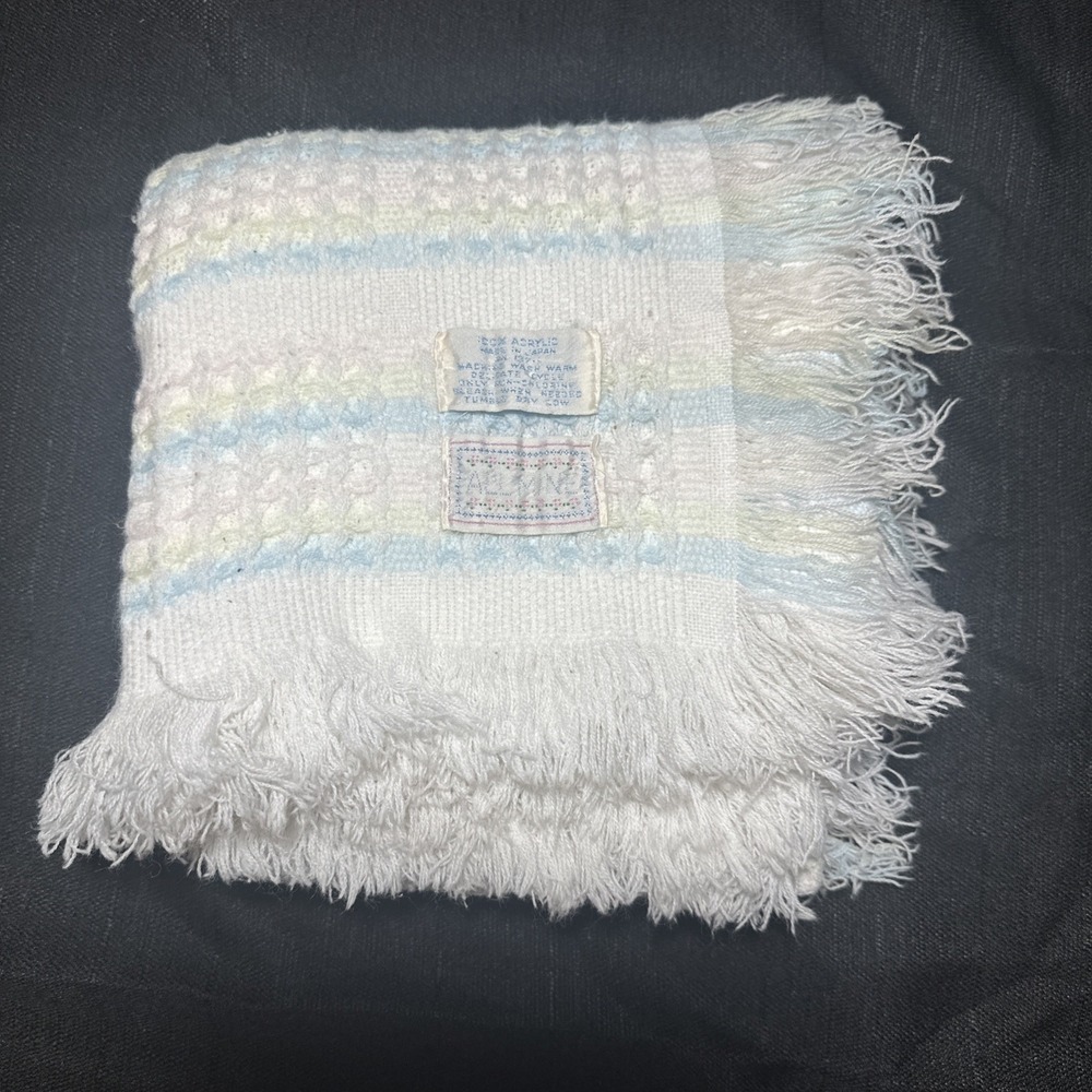 Vtg All Mine Waffle Weave Baby Blanket Acrylic Made in Japan Pastel Knit, Flaw